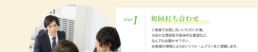 STEP1.初回打ち合わせ　ご家族でお話し合いいただいた後、大まかな雰囲気や具体的な要望など、なんでもお聞かせ下さい。お客様の理想により近いリフォームプランをご提案します。