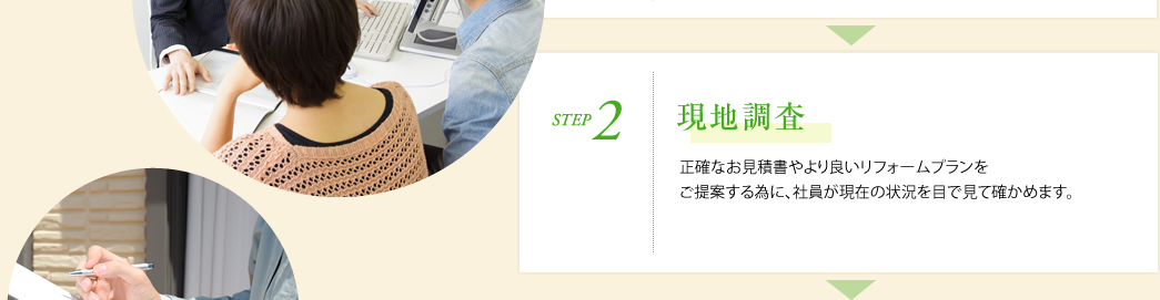 STEP2.現地調査　正確なお見積書やより良いリフォームプランをご提案する為に、社員が現在の状況を目で見て確かめます。