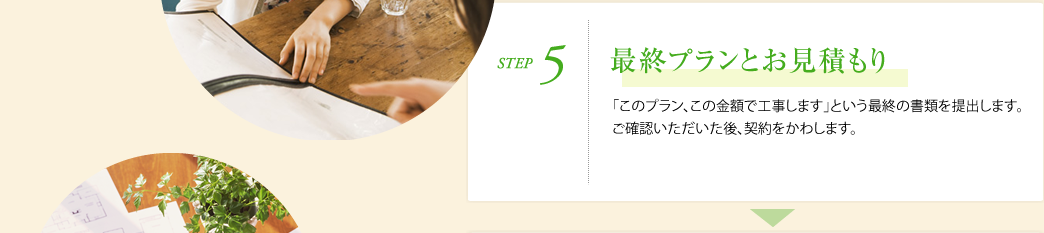 STEP5.最終プランとお見積もり　「このプラン、この金額で工事します」という最終の書類を提出します。ご確認いただいた後、契約をかわします。